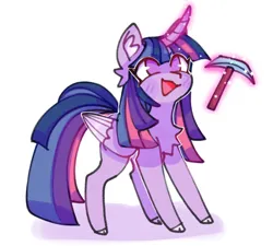 Size: 1176x1060 | Tagged: safe, artist:sillyp0ne, derpibooru import, twilight sparkle, twilight sparkle (alicorn), alicorn, pony, chest fluff, diamond pickaxe, female, image, magic, mare, minecraft, no pupils, open mouth, open smile, pickaxe, png, simple background, smiling, solo, telekinesis, white background