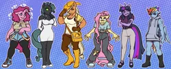 Size: 4096x1657 | Tagged: safe, artist:urvalentinebabe, derpibooru import, applejack, fluttershy, pinkie pie, rainbow dash, rarity, twilight sparkle, anthro, changeling, earth pony, pegasus, unicorn, scootertrix the abridged, horn, image, mane six, misleading thumbnail, one of these things is not like the others, png, species swap
