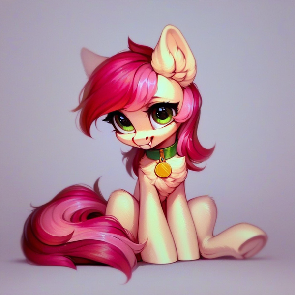 Size: 1024x1024 | Tagged: safe, ai content, derpibooru import, machine learning generated, prompter:doom9454, stable diffusion, roseluck, pony, collar, cute, fangs, fluffy, generator:pony diffusion v6 xl, image, looking at you, pet tag, png, pony pet, rosepet, sitting