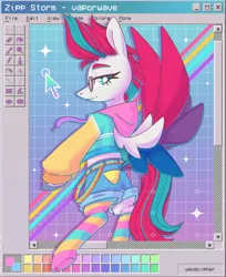 Size: 1589x1944 | Tagged: safe, artist:musicfirewind, derpibooru import, zipp storm, pegasus, pony, g5, belt, blue eyes, clothes, color palette, colored hooves, colored wings, colored wingtips, denim, denim shorts, female, flying, glasses, grid, hoodie, image, jacket, jpeg, lidded eyes, long sleeves, long socks, looking back, mare, mohawk, mouse cursor, multicolored wings, pink mane, pink tail, profile, round glasses, shiny hoof, shorts, signature, smiling, socks, solo, sparkles, spread wings, striped socks, tail, thick eyelashes, two toned mane, two toned tail, underhoof, vaporwave, webcore, white coat, wingding eyes, wings
