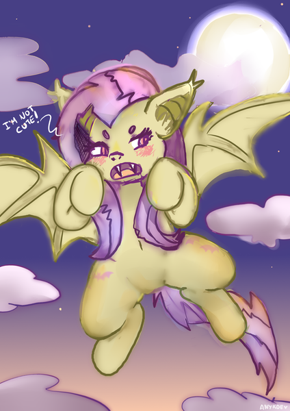 Size: 620x877 | Tagged: safe, artist:anykoe, derpibooru import, fluttershy, bat pony, baka, bat ears, bat ponified, bat wings, blushing, cloud, colored sketch, cute, fangs, female, flutterbat, flying, image, moon, open mouth, pink hair, png, race swap, shy, shyabetes, sketch, sky, solo, talking, talking to viewer, text, wings, yellow skin