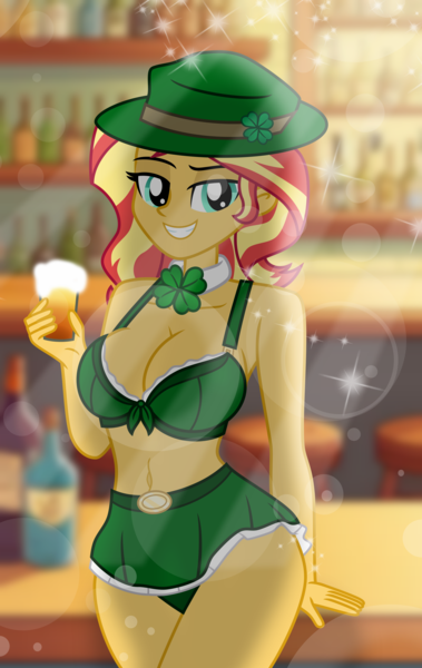 Size: 4944x7830 | Tagged: suggestive, artist:emeraldblast63, derpibooru import, sunset shimmer, human, equestria girls, absurd resolution, adult, alcohol, bar, bartender, beautiful, beautisexy, beer, belly button, big breasts, bra, breasts, busty sunset shimmer, cleavage, clothes, clover, collar, crossed legs, cup, female, front knot midriff, g4, green clothes, green hat, grin, hat, holiday, image, legs, lens flare, looking at you, midriff, miniskirt, open smile, panties, panty peek, png, saint patrick's day, sexy, skirt, smiling, smiling at you, solo, solo female, stupid sexy sunset shimmer, teeth, underwear, young, young adult