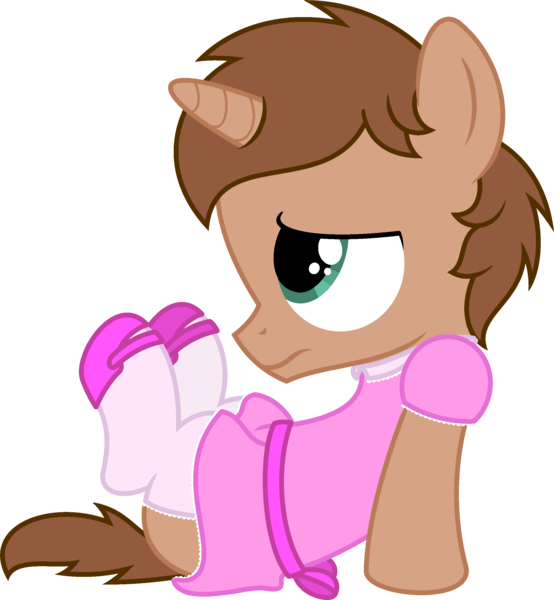 Size: 2296x2487 | Tagged: safe, artist:peternators, derpibooru import, oc, oc:heroic armour, unofficial characters only, pony, unicorn, clothes, colt, crossdressing, dress, femboy, foal, horn, image, male, mary janes, png, shoes, shy, simple background, socks, solo, thigh highs, transparent background