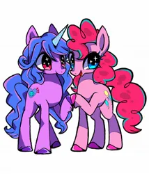 Size: 1750x2048 | Tagged: safe, artist:stacy_165cut, derpibooru import, izzy moonbow, pinkie pie, earth pony, pony, unicorn, g5, big eyes, blue eyes, blue mane, blue tail, colored hooves, colored horn, curly mane, curly tail, duo, duo female, female, g4, horn, image, jpeg, long legs, long mane, long tail, looking back, mare, open mouth, open smile, pink coat, pink eyes, pink mane, pink tail, purple coat, simple background, smiling, sparkly eyes, standing, starry eyes, tail, touching hooves, unicorn horn, unshorn fetlocks, white background, wingding eyes