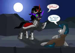 Size: 1600x1134 | Tagged: safe, artist:aleximusprime, derpibooru import, king sombra, stygian, pony, unicorn, commission, duo, g4, headcanon, horn, i am your father, image, looking at each other, looking at someone, male, moon, night, open mouth, png, raised hoof, smiling, sombra eyes, speech bubble, stallion, star wars, text