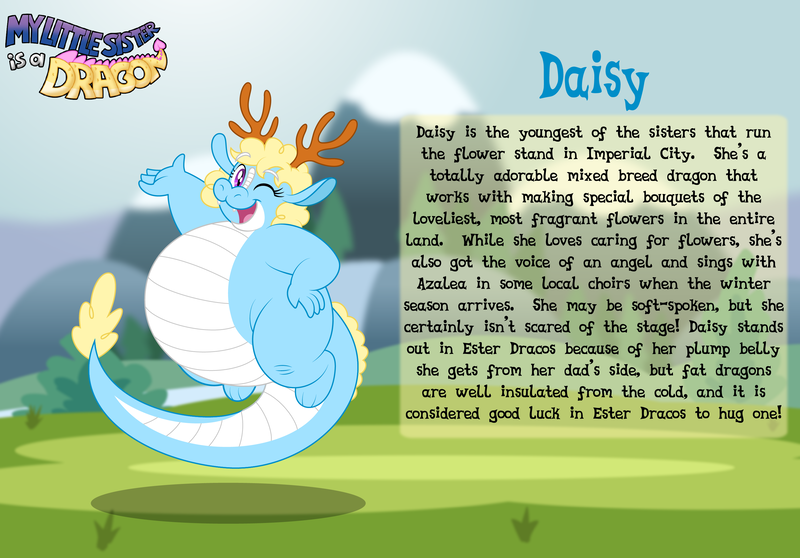 Size: 3014x2102 | Tagged: safe, artist:aleximusprime, derpibooru import, oc, oc:daisy the dragon, unofficial characters only, dragon, eastern dragon, fanfic:my little sister is a dragon, antlers, biography, chubby, curly hair, cute, dragoness, fat, female, image, one eye closed, plump, png, poofy mane, story included, wink