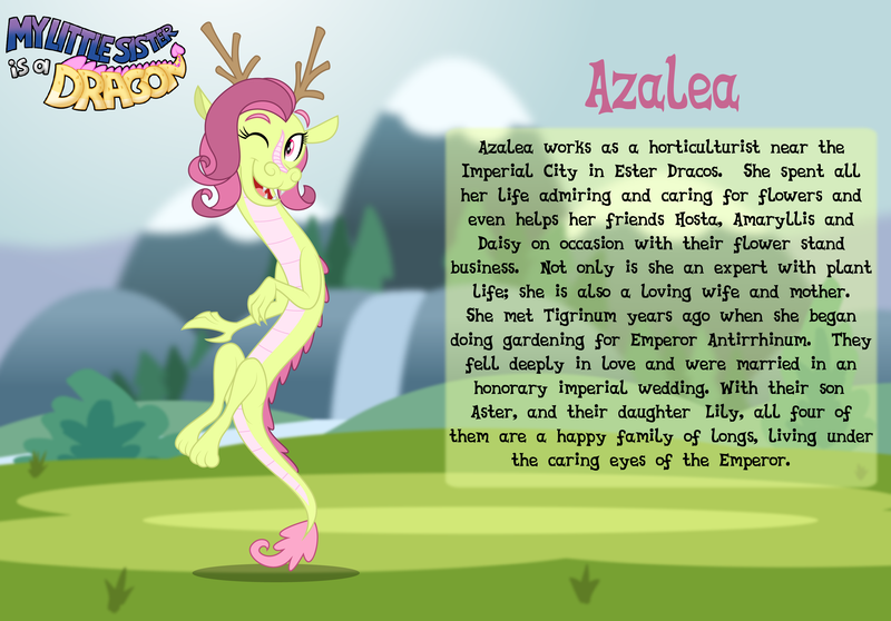 Size: 3014x2102 | Tagged: safe, artist:aleximusprime, derpibooru import, oc, oc:azalea the dragon, unofficial characters only, dragon, eastern dragon, fanfic:my little sister is a dragon, antlers, biography, cute, dragoness, female, image, long dragon, mother, one eye closed, png, story included, wink