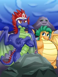 Size: 2276x3000 | Tagged: safe, artist:aleximusprime, derpibooru import, oc, oc:pebble the dragon, oc:rubble the dragon, oc:smite the dragon, unofficial characters only, fanfic:my little sister is a dragon, g1, chubby, crest, crown, family photo, fat, his elevated eminence, image, jewelry, king, mountain, plump, png, queen, regalia, rock, royalty, spike's family, spike's father, spike's grandfather, spike's grandmother