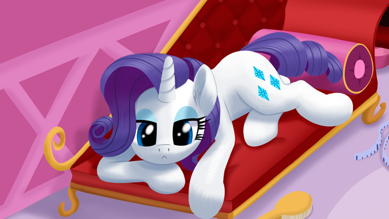 Size: 3840x2160 | Tagged: safe, artist:stellardust, derpibooru import, rarity, pony, unicorn, :<, comb, couch, fainting couch, female, horn, image, lidded eyes, looking at you, lying down, mare, png, solo