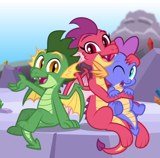 Size: 3133x3097 | Tagged: safe, artist:aleximusprime, derpibooru import, oc, unofficial characters only, dragon, fanfic:my little sister is a dragon, flurry heart's story, g1, baby, baby dragon, big sister, brothers, dragoness, family photo, female, happy, his elevated eminence, hug, hug from behind, image, little brother, male, mountain, nordo dracos, northern drake, one eye closed, png, siblings, sister, sitting, spike's brother, spike's family, spike's sister, teenaged dragon, teenager, wingless, wings, wink