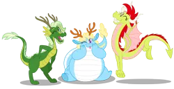 Size: 5000x2557 | Tagged: safe, artist:aleximusprime, derpibooru import, oc, oc:amaryllis the dragon, oc:daisy the dragon, oc:hosta the dragon, dragon, eastern dragon, hybrid, fanfic:my little sister is a dragon, antlers, chubby, curvy, cute, dragon oc, dragon wings, dragoness, fat, female, floppy ears, flower dragons, hands on cheeks, happy, horns, image, long dragon, non-pony oc, northern drake, one eye closed, plump, png, siblings, sisters, sitting, southern drake, thighs, thin, thunder thighs, tongue out, wings, wink