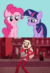 Size: 720x1045 | Tagged: safe, artist:carlosuriel13, derpibooru import, edit, edited screencap, screencap, pinkie pie, twilight sparkle, demon, earth pony, pony, unicorn, charlie morningstar, female, g4, hazbin hotel, horn, image, injured, low effort, png, unicorn twilight