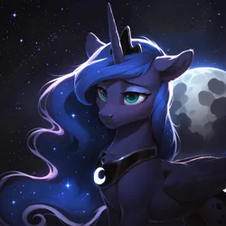 Size: 2048x2048 | Tagged: safe, ai content, derpibooru import, generator:autismmixpony, machine learning generated, prompter:adorablebluefox, stable diffusion, princess luna, alicorn, pony, chest fluff, ear fluff, female, full moon, g4, high res, image, jewelry, mare, moon, night, outdoors, png, regalia, sad, solo, standing, starry night, stars, tiara, wings