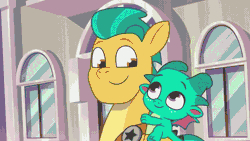 Size: 1280x720 | Tagged: safe, derpibooru import, screencap, hitch trailblazer, sparky sparkeroni, dragon, earth pony, pony, g5, my little pony: tell your tale, spoiler:g5, spoiler:my little pony: tell your tale, spoiler:tyts02e09, absurd file size, absurd gif size, animated, baby, baby dragon, blanket, cracked it, dragons riding ponies, duo, duo male, earth pony magic, egg, gif, image, magic, male, maretime bay, plant, riding, sparky riding hitch trailblazer, stallion