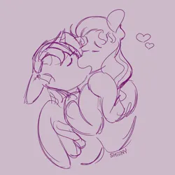 Size: 1000x1000 | Tagged: safe, artist:shiiiny, derpibooru import, sunny starscout, twilight sparkle, alicorn, earth pony, pony, g5, eyebrows, eyes closed, female, g4, heart, image, kissing, lesbian, making out, monochrome, png, ship:twiscout, shipping, sketch, sunny and her heroine