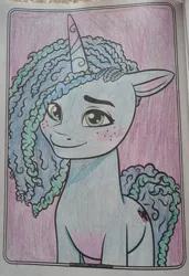 Size: 2248x3281 | Tagged: safe, artist:starrscout-23, derpibooru import, pony, unicorn, g5, my little pony: make your mark, coloring page, cornrows, cute, female, freckles, gradient horn, horn, image, jpeg, looking at you, magenta background, mare, misty brightdawn, misty brightdawn's cutie mark, solo