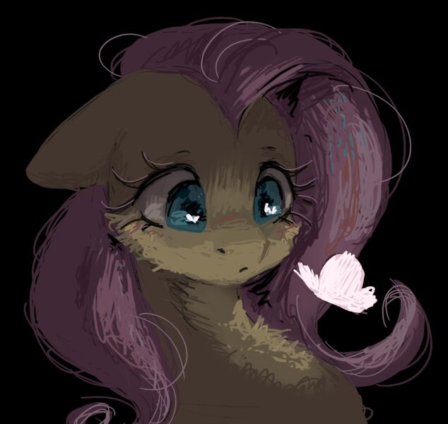 Size: 920x870 | Tagged: safe, artist:melodylibris, derpibooru import, fluttershy, butterfly, insect, pony, bust, cheek fluff, chest fluff, dark, female, frown, g4, image, jpeg, long eyelashes, looking at something, looking down, mare, messy mane, messy tail, pink mane, pink tail, reflection, solo, tail, teal eyes, wingding eyes