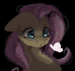 Size: 920x870 | Tagged: safe, artist:melodylibris, derpibooru import, fluttershy, butterfly, insect, pony, bust, cheek fluff, chest fluff, dark, female, frown, g4, image, jpeg, long eyelashes, looking at something, looking down, mare, messy mane, messy tail, pink mane, pink tail, reflection, solo, tail, teal eyes, wingding eyes