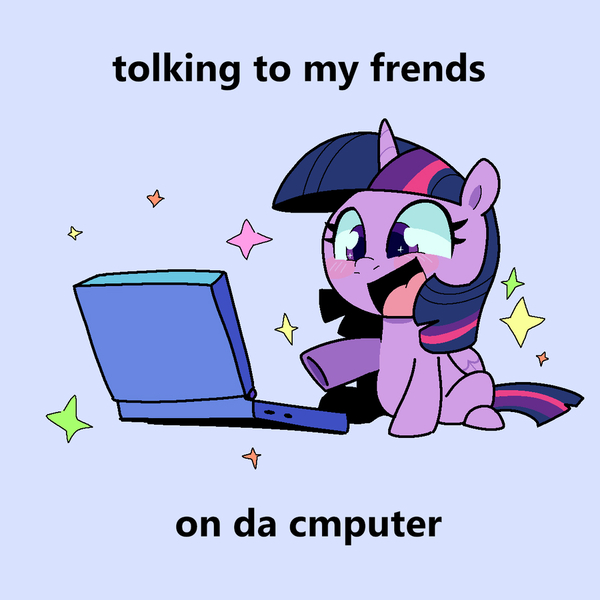 Size: 900x900 | Tagged: safe, artist:talimingi, derpibooru import, twilight sparkle, twilight sparkle (alicorn), alicorn, pony, blue background, blushing, computer, cute, female, folded wings, g4, image, jpeg, laptop computer, mare, meme, open mouth, open smile, ponified animal photo, ponified meme, simple background, sitting, smiling, solo, sparkles, text, twiabetes, wings