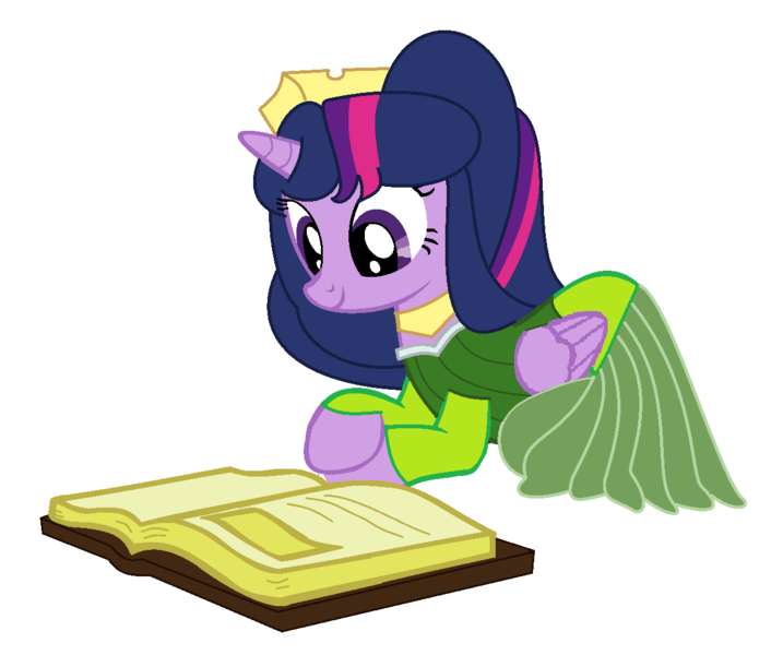 Size: 1215x1017 | Tagged: safe, artist:brightstar40k, derpibooru import, twilight sparkle, twilight sparkle (alicorn), alicorn, book, disney, g4, green dress, holiday, image, png, princess aurora, reading, saint patrick's day, simple background, sleeping beauty, white background