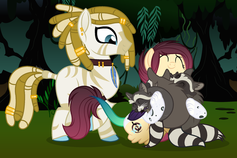 Size: 2146x1434 | Tagged: safe, artist:pastelnightyt, derpibooru import, oc, oc:harmony (pastelnightyt), oc:jabori, unofficial characters only, hybrid, raccoon, zebra, female, hug, image, interspecies offspring, male, offspring, parent:discord, parent:fluttershy, parents:discoshy, png