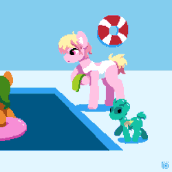 Size: 400x400 | Tagged: safe, artist:vohd, derpibooru import, oc, oc:darklight, unofficial characters only, earth pony, goo, goo pony, original species, pony, unicorn, animated, clothes, falling, gif, glasses, growth, horn, image, jumping, life preserver, pixel art, ramp, swimming, swimming pool, swimsuit, walking, water