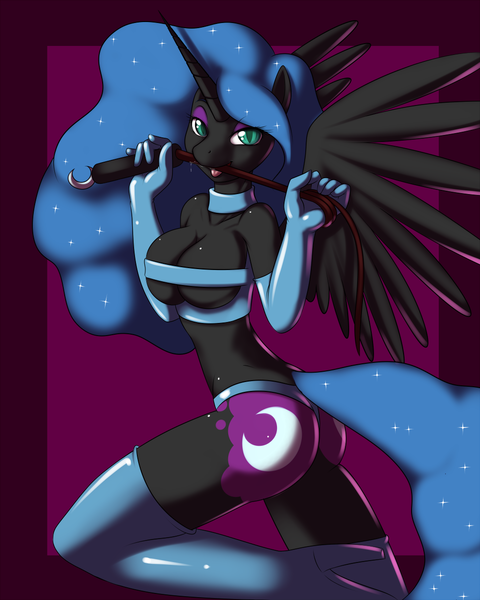 Size: 1024x1280 | Tagged: dead source, suggestive, artist:kloudmutt, derpibooru import, nightmare moon, anthro, ass, boots, breasts, butt, clothes, dominatrix, evening gloves, female, g4, gloves, high heel boots, image, latex, long gloves, nightmare moonbutt, png, shoes, skinny, solo, solo female, thin