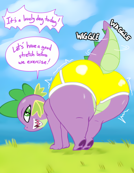 Size: 2975x3850 | Tagged: suggestive, anonymous editor, artist:saurian, edit, spike, dragon, abstract background, barb, butt focus, butt shake, clothes, female, image, large butt, looking at you, looking back, looking back at you, onomatopoeia, open smile, plump, png, rule 63, shorts, shortstack, solo, speech bubble, text, thighs, thunder thighs