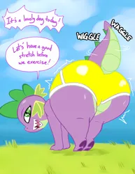 Size: 2975x3850 | Tagged: suggestive, anonymous editor, artist:saurian, edit, spike, dragon, abstract background, barb, butt focus, butt shake, clothes, female, image, large butt, looking at you, looking back, looking back at you, onomatopoeia, open smile, png, rule 63, shorts, shortstack, solo, speech bubble, text, thighs, thunder thighs