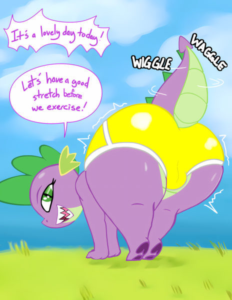 Size: 2975x3850 | Tagged: questionable, anonymous editor, artist:saurian, edit, ponerpics import, ponybooru import, spike, dragon, abstract background, bedroom eyes, bulges, butt, butt focus, butt shake, clothes, crotch bulge, dialogue, femboy, femboy spike, girly, image, large butt, looking at you, looking back, looking back at you, male, onomatopoeia, open smile, png, shorts, shortstack, solo, speech bubble, stupid sexy spike, text, thighs, thunder thighs