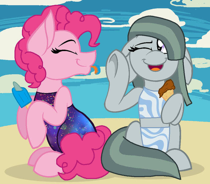 Size: 955x837 | Tagged: safe, artist:rydersimmer, derpibooru import, marble pie, pinkie pie, earth pony, pony, beach, clothes, female, food, g4, ice cream, image, jpeg, pie sisters, pie twins, popsicle, siblings, sisters, swimsuit, tongue out, twins