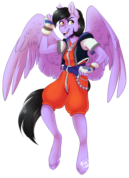 Size: 1481x2041 | Tagged: safe, artist:wallvie, derpibooru import, oc, oc:quilly inks, anthro, pegasus, unguligrade anthro, clothes, cosplay, costume, female, fingerless gloves, gloves, image, jacket, kingdom hearts, not sora, png, simple background, solo, sora's clothes, transparent background