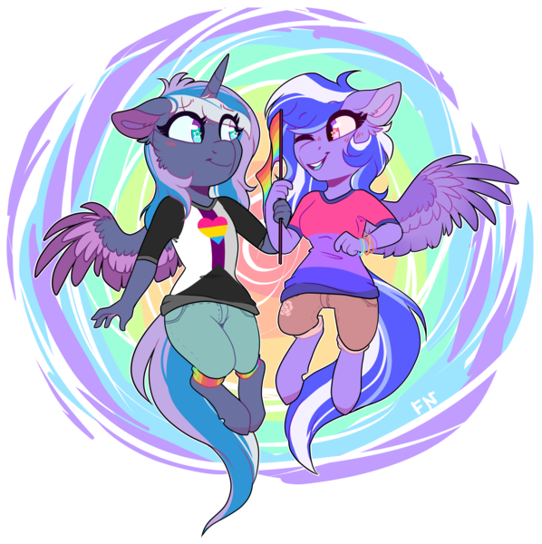 Size: 3337x3348 | Tagged: safe, artist:wallvie, derpibooru import, oc, oc:grape, oc:moonlight melody (wallvie), unofficial characters only, alicorn, anthro, pegasus, chibi, clothes, image, pants, png, pride, pride flag, shirt