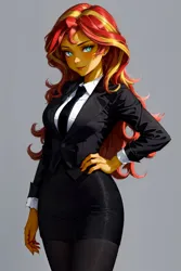 Size: 1024x1536 | Tagged: safe, ai content, derpibooru import, editor:masterdarhil, machine learning generated, sunset shimmer, equestria girls, business suit, button-up shirt, clothes, curvy, female, g4, hand on hip, image, long hair, looking at you, necktie, pantyhose, photoshop, png, prompter:sammykun, recolor, shirt, simple background, skirt, skirt suit, solo, suit, white shirt