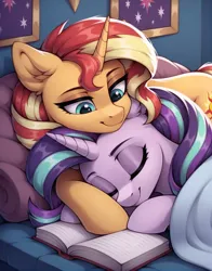 Size: 1560x1992 | Tagged: safe, ai content, derpibooru import, generator:autismmixpony, machine learning generated, stable diffusion, starlight glimmer, sunset shimmer, pony, unicorn, blanket, book, cute, daaaaaaaaaaaw, duo, duo female, ear fluff, eyes closed, female, friendshipping, g4, glimmerbetes, head on head, horn, image, indoors, looking down, lying down, lying on top of someone, mare, png, prompter:tyto4tme4l, shimmerbetes, side, smiling, snuggling, twilight sparkle's cutie mark