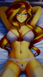 Size: 864x1536 | Tagged: suggestive, ai content, derpibooru import, editor:masterdarhil, machine learning generated, sunset shimmer, equestria girls, adorasexy, arm behind head, bed, bedroom eyes, bedsheets, belly button, bra, breasts, busty sunset shimmer, cleavage, clothes, cute, e-cup bra, female, g4, garter belt, image, jpeg, leggings, lingerie, looking at you, lying down, night, photoshop, prompter:sammykun, recolor, sexy, smiling, smiling at you, solo, thighs, underwear