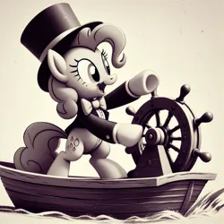 Size: 1024x1024 | Tagged: safe, ai content, derpibooru import, machine learning generated, prompter:alteregobro, pinkie pie, earth pony, pony, bipedal, black and white, boat, female, g4, grayscale, hat, image, jpeg, monochrome, solo, steamboat willie, wheel