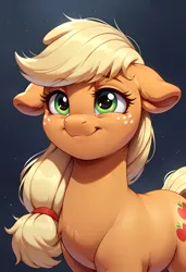 Size: 3328x4864 | Tagged: safe, ai content, derpibooru import, machine learning generated, stable diffusion, applejack, earth pony, pony, cute, female, floppy ears, g4, generator:pony diffusion v6 xl, generator:purplesmart.ai, image, inverted mouth, jackabetes, mare, png, prompter:lerkyboy, smiling, solo eyes