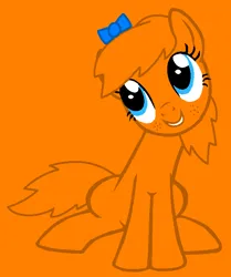 Size: 602x721 | Tagged: safe, artist:oshiaki, artist:spitfirethepegasusfan39, ponified, earth pony, pony, adult blank flank, base used, blank flank, bow, cheerful, clothes, excited, female, freckles, fun, g4, hair bow, happy, image, little miss, little miss fun, mare, mr. men, mr. men little miss, orange background, png, simple background, sitting, smiling, solo, talking