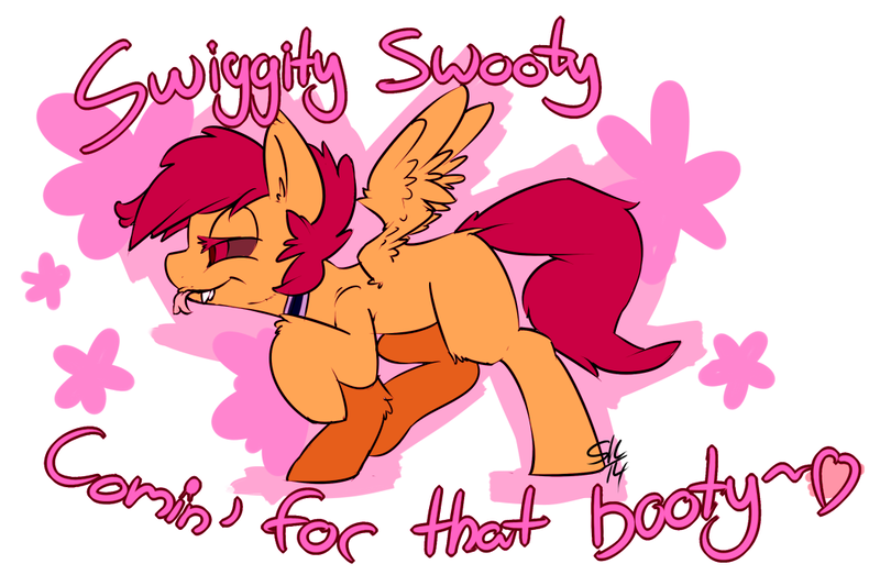 Size: 1050x700 | Tagged: safe, artist:serendipity-kitty, derpibooru import, scootaloo, pegasus, pony, collar, dialogue, fangs, heart, image, lesboloo, lidded eyes, png, purple sclera, solo, swiggity swooty, tongue out