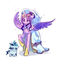 Size: 1708x1777 | Tagged: safe, artist:teaflower300, derpibooru import, princess cadance, shining armor, alicorn, pony, unicorn, 2024, alternate hairstyle, clothes, dilated pupils, dress, duo, duo male and female, female, g4, height difference, hoof shoes, horn, horn ring, image, jewelry, larger female, lidded eyes, looking down, male, mare, meme, messy mane, messy tail, png, princess shoes, raised hoof, redraw, ring, ship:shiningcadance, shipping, simple background, size difference, smaller male, smiling, sparkles, spread wings, stallion, straight, tail, the bride and the ugly ass groom, toy interpretation, veil, wedding dress, wedding veil, white background, wide eyes, wings