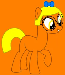 Size: 745x860 | Tagged: safe, artist:skele-sans, artist:spitfirethepegasusfan39, ponified, earth pony, pony, adult blank flank, base used, blank flank, bow, clothes, contrary, female, g4, glasses, hair bow, image, little miss, little miss contrary, mare, mr. men, mr. men little miss, orange background, png, raised hoof, raised leg, simple background, smiling, solo, talking