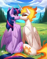 Size: 2048x2560 | Tagged: safe, ai content, derpibooru import, machine learning generated, stable diffusion, daybreaker, twilight sparkle, twilight sparkle (alicorn), alicorn, pony, bedroom eyes, duo, female, field, flower, folded wings, forest, g4, generator:pony diffusion v6 xl, high res, horn, horns are touching, image, jpeg, kiss on the lips, kissing, lesbian, looking at each other, looking at someone, mane of fire, mare, nature, outdoors, prompter:frostru, shipping, sitting, sky, tree, twibreaker, wings