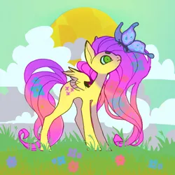 Size: 851x851 | Tagged: safe, artist:cutesykill, artist:kkillpony, derpibooru import, fluttershy, butterfly, insect, pegasus, pony, alternate eye color, beanbrows, big ears, blue sclera, cloud, colored eyebrows, colored pinnae, colored sclera, colored wings, colored wingtips, concave belly, day, eyebrows, female, flower, g4, gradient mane, gradient tail, grass, green eyes, image, jpeg, long legs, long mane, long tail, looking at something, mare, nature, outdoors, partially open wings, pink mane, pink tail, profile, slender, small wings, solo, standing, sun, tail, tall, tallershy, thin, two toned wings, wavy mane, wavy tail, wings, yellow coat