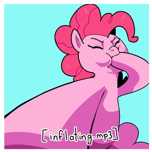 Size: 918x916 | Tagged: safe, artist:talimingi, derpibooru import, part of a set, pinkie pie, earth pony, pony, blowing, blue background, border, cyan background, eyes closed, female, foreshortening, g4, image, jpeg, mare, narrowed eyes, pinkie being pinkie, simple background, solo, text, this will end in balloons