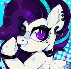 Size: 2048x1980 | Tagged: safe, artist:infinithiez, derpibooru import, oc, oc:cussie drop, unofficial characters only, pegasus, pony, bust, choker, colored hooves, colored pinnae, colored wings, colored wingtips, commission, ear piercing, earring, eyeshadow, facial markings, female, folded wings, heart, icon, image, jewelry, jpeg, looking away, makeup, mare, multicolored mane, one eye closed, patterned background, pegasus oc, piercing, portrait, profile picture, purple eyes, purple mane, raised hoof, smiling, solo, sparkles, sparkly coat, two toned wings, unshorn fetlocks, white coat, wingding eyes, wings, wink