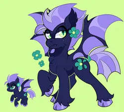 Size: 2048x1848 | Tagged: safe, artist:infinithiez, derpibooru import, oc, oc:navy petal, unofficial characters only, bat pony, pony, bat pony oc, bat wings, blue coat, cheek fluff, chest fluff, cloven hooves, coat markings, colored ear fluff, colored pinnae, colored wings, duality, ear fluff, facial markings, female, flower, flower on ear, freckles, frown, green background, green eyes, image, jpeg, lidded eyes, lime background, mare, narrowed eyes, navy coat, purple mane, purple tail, raised hoof, simple background, slit pupils, snip (coat marking), solo, spread wings, standing, tail, thick eyelashes, tied tail, two toned mane, two toned tail, two toned wings, unshorn fetlocks, wingding eyes, wings