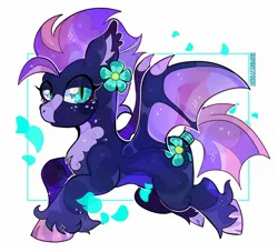 Size: 2048x1861 | Tagged: safe, artist:infinithiez, derpibooru import, oc, oc:navy petal, unofficial characters only, bat pony, pony, bat pony oc, bat wings, blaze (coat marking), blue coat, border, cheek fluff, chest fluff, cloven hooves, coat markings, colored belly, colored ear fluff, colored hooves, colored muzzle, ear fluff, ear tufts, facial markings, female, flower, flower on ear, flying, freckles, frown, image, jpeg, lidded eyes, looking at you, mare, multicolored mane, multicolored tail, navy coat, petals, purple mane, purple tail, shiny coat, shiny hoof, shiny mane, shiny tail, short tail, signature, slit pupils, solo, sparkly mane, sparkly tail, tail, teal eyes, tied tail, transparent wings, unshorn fetlocks, wings