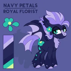 Size: 2000x2000 | Tagged: safe, artist:infinithiez, derpibooru import, oc, oc:navy petal, unofficial characters only, bat pony, pony, bat pony oc, bat wings, big ears, chest fluff, coat markings, color palette, colored eartips, colored hooves, colored wings, ear fluff, female, flower, flower on ear, freckles, image, jpeg, leg fluff, lidded eyes, looking at you, mare, purple background, purple mane, purple tail, reference sheet, simple background, slit pupils, smiling, smiling at you, socks (coat marking), solo, spread wings, standing, tail, teal eyes, text, thick eyelashes, tied tail, two toned mane, two toned tail, two toned wings, wingding eyes, wings