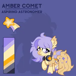 Size: 2000x2000 | Tagged: safe, artist:infinithiez, derpibooru import, oc, oc:amber comet, unofficial characters only, bat pony, pony, bags under eyes, bat pony oc, bat wings, big eyes, big tail, blaze (coat marking), coat markings, color palette, colored eartips, colored hooves, colored muzzle, colored wings, ear fluff, ear tufts, facial markings, female, filly, foal, freckles, headphones, hooves, image, jpeg, lidded eyes, long hair, long tail, looking away, multicolored hooves, purple background, purple eyes, purple text, raised hoof, reference sheet, simple background, slit pupils, smiling, socks (coat marking), solo, sparkly tail, spread wings, standing, tail, text, thick eyelashes, two toned tail, two toned wings, wingding eyes, wings, yellow coat, yellow tail